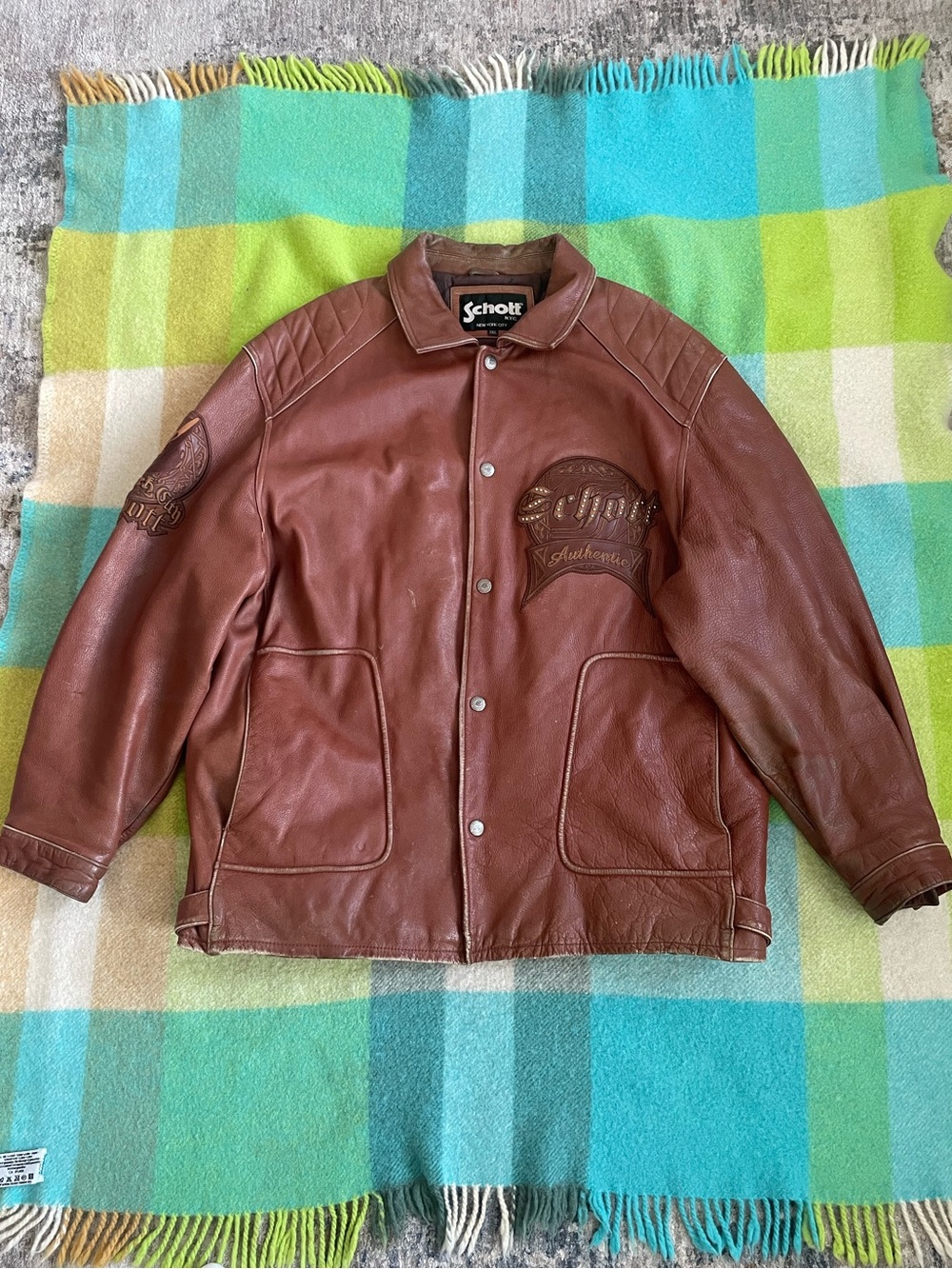 Schott NYC Brown Leather Y2K Patches Full Zip Collar Jacket Men’s
